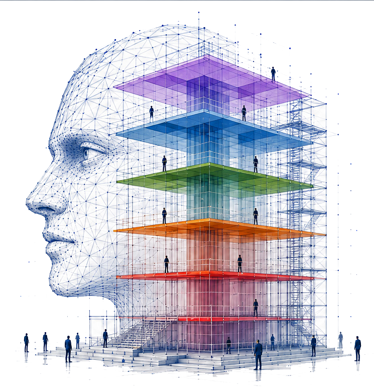 Architectural rendering of layered human cognition